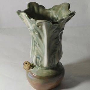 Vintage Majolica Novelty Green Turnip Leaf Vase with Frog